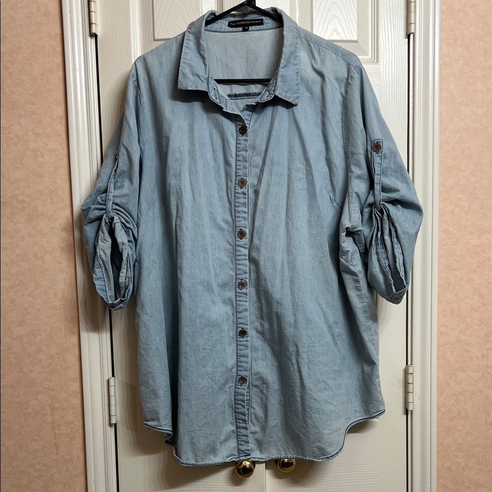 Women's Casual Light Blue Chambray Button Down Shirt with Roll Tab Sleeves